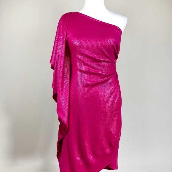 St. John Drape Shoulder Pink Shimmer Dress 2 - Picture 2 of 8